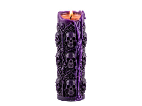 Ornate purple Halloween candle with skull and crossbone motifs and dripping wax PNG Isolated on transparent background