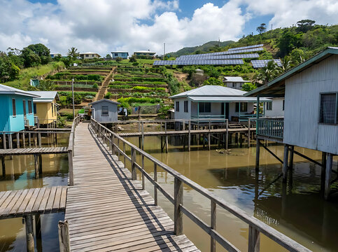Sustainable stilt village with solar panels and terraced farming showcasing climate change adaptation and renewable energy