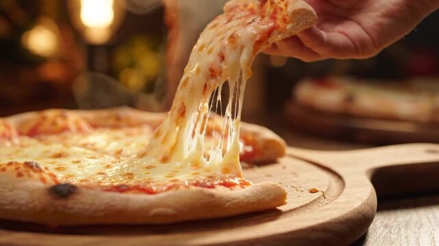 Close Up of Stretchy Melted Cheese Pulling from Freshly Baked Pizza