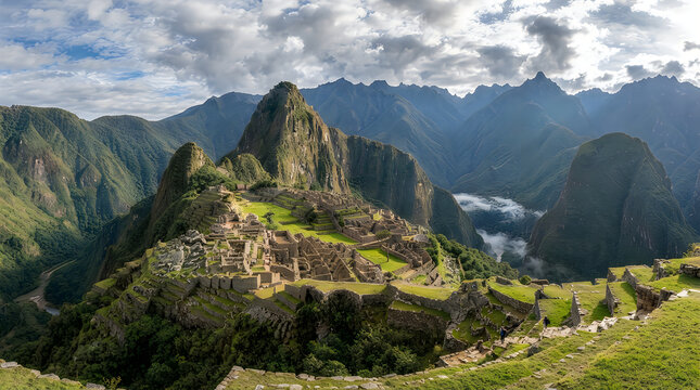 Ancient inca ruins of machu picchu with green mountain peaks in the andes mountains of peru