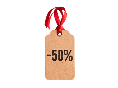 Kraft paper tag with red ribbon displaying fifty percent discount for financial savings and retail promotions PNG Isolated on transparent background