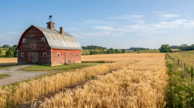 Old rustic barn building in a large golden wheat field during a sunny summer day in the countryside