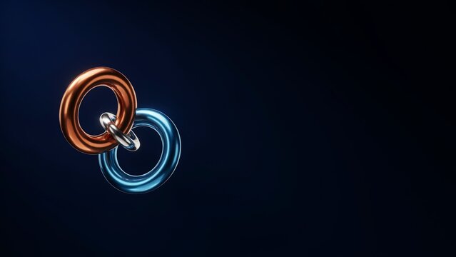 Three interconnected shiny metallic rings in bronze, silver, and blue demonstrate strength, connection, and secure linking together.