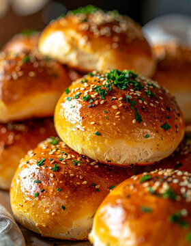 Pile of freshly baked golden buns with sesame seeds and fresh parsley, warm crust, appetizing bakery. Tasty food. Close-up.