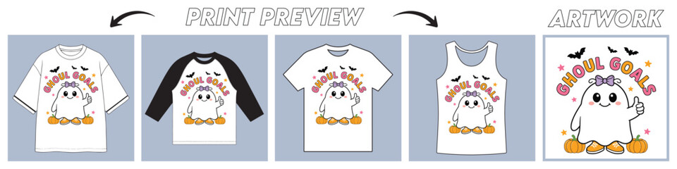 Fototapeta premium Printable Halloween T-Shirt Design Featuring Spooky Ghost Illustrations with 'Ghoul Goals' Text and Playful Star Accents.