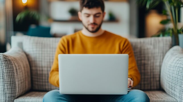 Calm Mobile Office Routine: Anonymous Freelancer Working Remotely In Coworking Lounge Lap