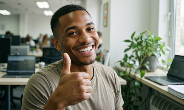 Confident African-American young man giving thumbs-up in office with a wide grin and sparkling eyes, surrounded by tidy workspace and soft fluorescent light.