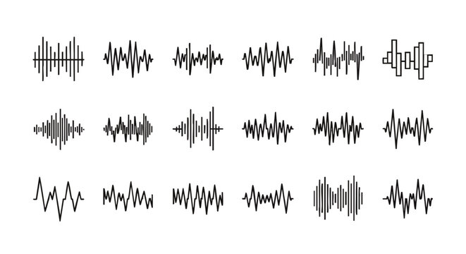 Digital soundwave vector icon set with black equalizer waveform signals on clean white background, concept for audio frequency modulation, ideal for podcast graphics, music player interface, and