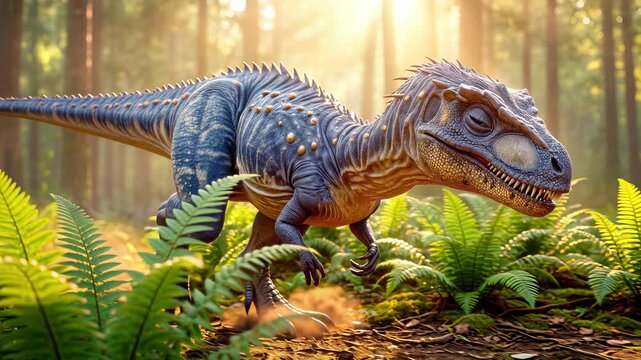 Predatory dinosaur walking through prehistoric fern forest. Ancient reptile hunting in sunlit tropical jungle environment. Panning camera movement.