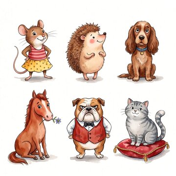 A cute set of six stylized watercolor animal characters, including a mouse, hedgehog, spaniel, horse, bulldog, and cat.