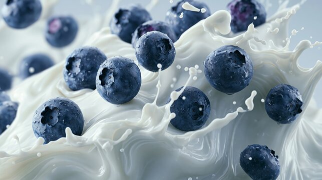 Blueberries Splash Into Yogurt Creating Dynamic Motion in a Realistic Scene With Action and Energy