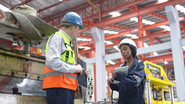 Engineer and auditor in protective helmets review equipment and discuss quality control during an industrial factory inspection, emphasizing safety, compliance, and teamwork.