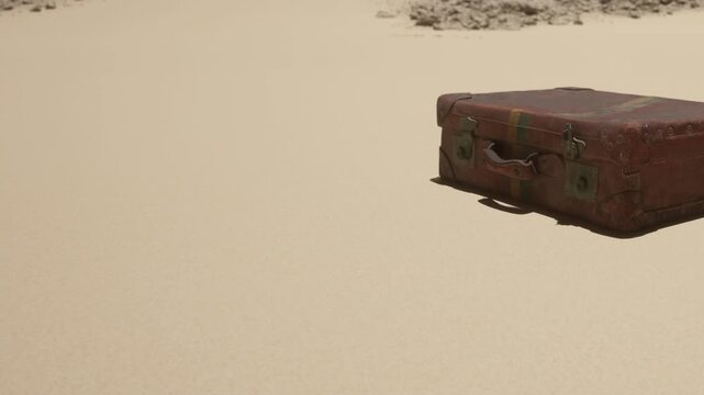 A suitcase sits alone on the sand in a vast desert. There are no other objects or people nearby. The sun is bright, and the sand stretches far into the distance.