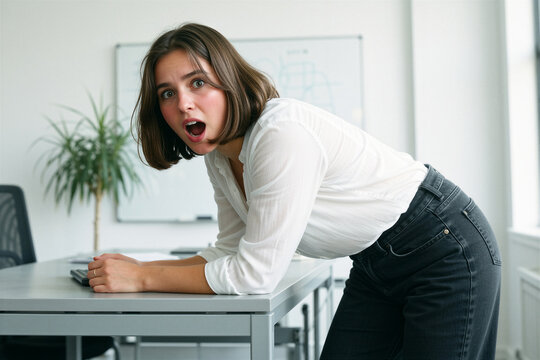 Young woman shocked, leaned over a desk in a modern office, looking directly at viewer.