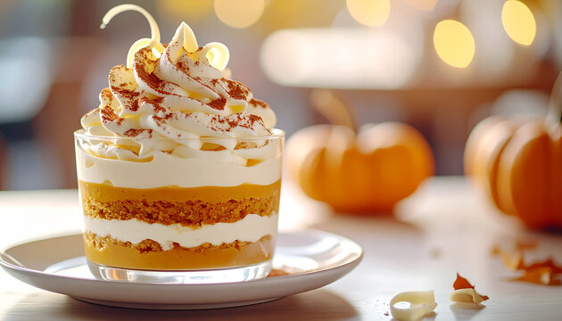 Pumpkin tiramisu dessert with whipped cream and delicate white chocolate curls, tasty sweet food, light blurred cafe backdrop. Close-up.