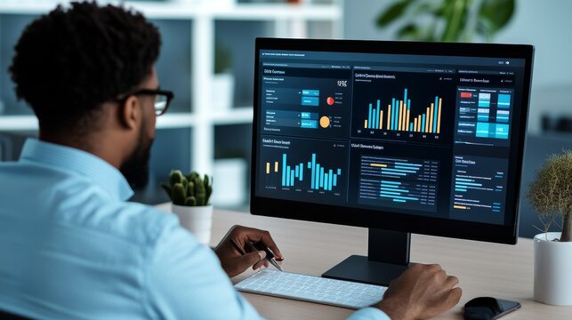 Contemporary Window Side Session: Business Analyst Working Remotely With Dashboard On Screen Working