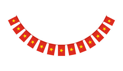 Obraz premium String of vibrant red flags with golden stars on a white background