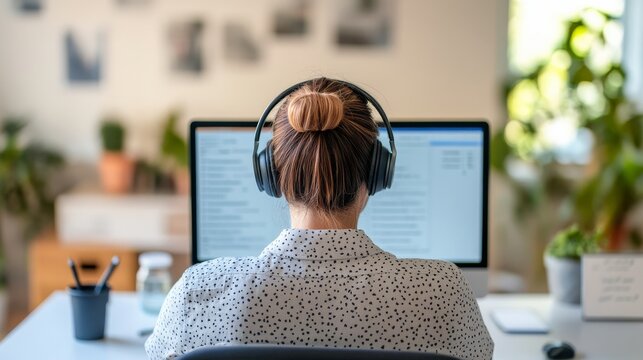 Dynamic Portable Office Scene: Remote Employee Wearing Headset During Online Meeting Working
