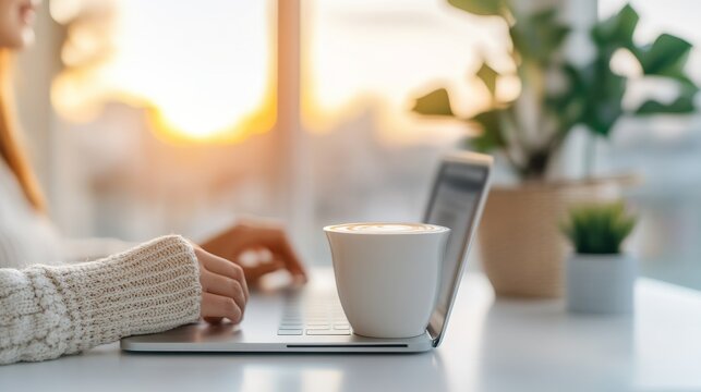 Dynamic Online Project Routine: Remote Employee Joining Morning Meeting With Coffee Working R