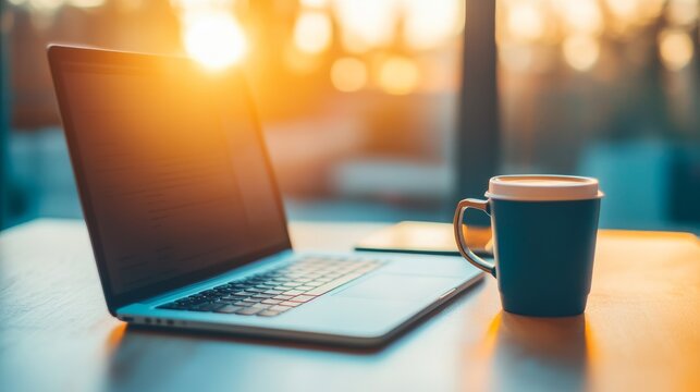 Dynamic Tabletop Work Session: Remote Employee Joining Morning Meeting With Coffee Working R