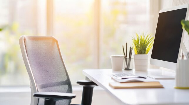 Efficient Connected Workday: Home Office With Ergonomic Chair And Natural Light Working Re