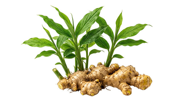 Fresh ginger root with green leaves on white background. Raw organic ginger rhizome for cooking. Healthy herbal ginger plant.