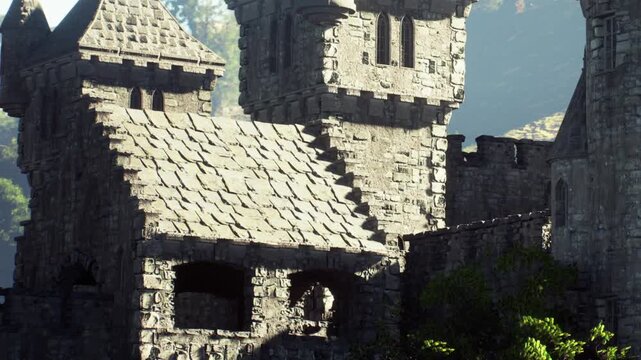 A stone castle with a tall tower is located on a hill. The sun shines on the gray stones. Trees are nearby, and the scenery shows mountains in the background.