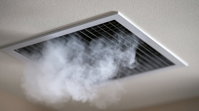Dense smoke billows from a ceiling air vent in a room. This scene serves as a conceptual representation of fire hazards or HVAC system failure.