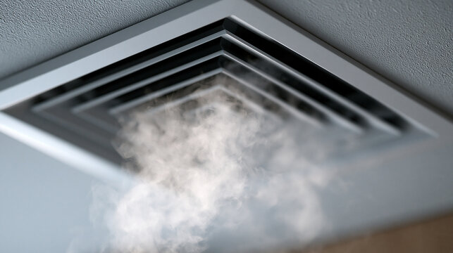 Dense smoke or steam is pouring out from a metal ventilation grill on the ceiling under dim indoor lighting. Use this photo to illustrate a fire hazard or HVAC system failure.