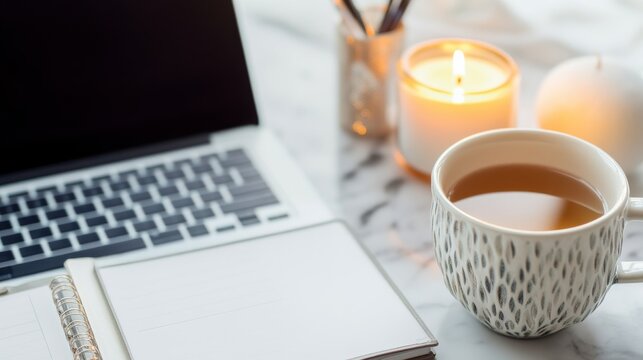 Quiet Remote Work Moment: Home Workspace With Laptop Tea Candle Planner Working Remotel