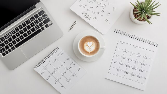Relaxed Quiet Project Session: Cozy Home Workspace With Laptop Calendar Coffee Working Remot