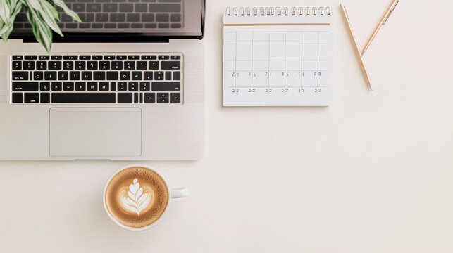 Relaxed Remote Career Moment: Cozy Home Workspace With Laptop Coffee Calendar Working Remot