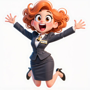A surprised young manager girl leaps upward with a comically exaggerated expression on a white background.