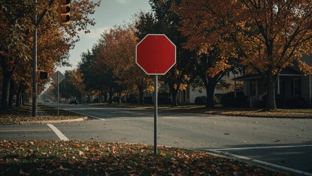 Red stop sign side street center facing towards right frame lined trees both sides leaves various shades orang