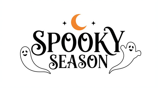 Spooky season decorative design featuring festive happy halloween typography with cute ghosts and crescent moon