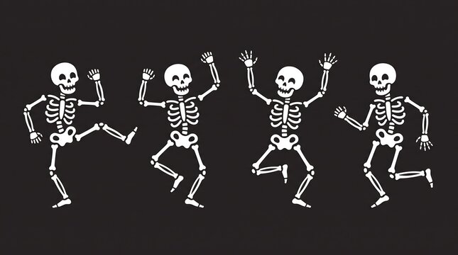 A festive collection of four white skeletons dancing joyfully on a black background perfect for celebrating the spooky and fun spirit of the halloween season