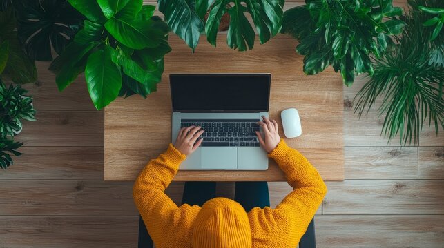 Warm Cafe Desk Moment: Professional Working Remotely During Rainy Afternoon Cozy Des