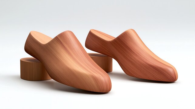 Two wooden shoe lasts used for shaping footwear, crafted from light brown wood with visible grain, isolated on a plain white background