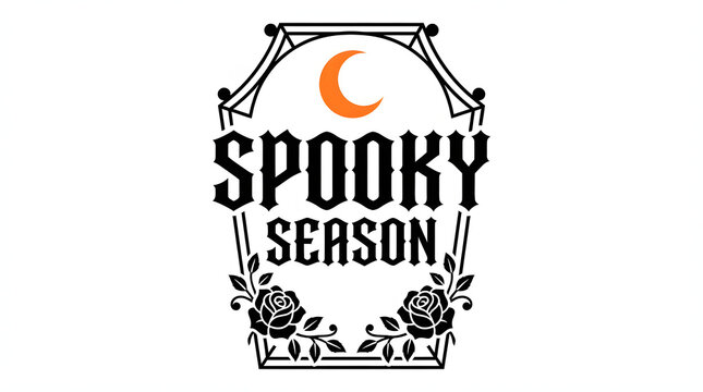 Spooky season decorative design featuring festive happy halloween typography with a crescent moon and roses