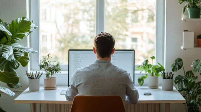 Warm Cafe Business Routine: Professional Working Remotely Beside Large Window And Plants