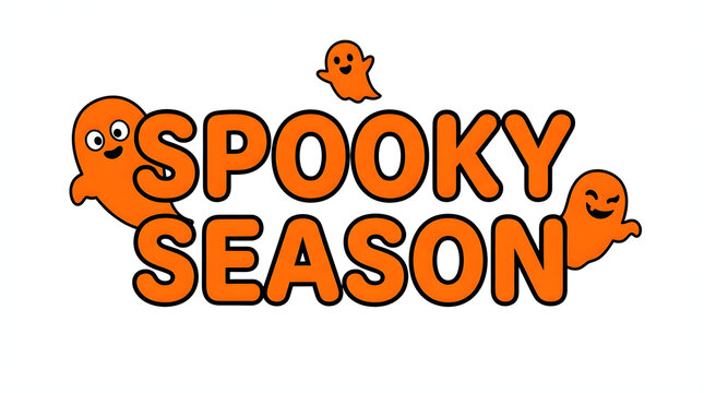 Festive spooky season text design featuring creative happy halloween typography and cute orange ghost characters