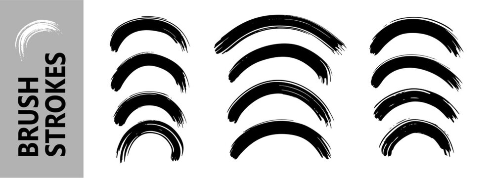 Paintbrush pattern with arc stroke and abstract Japanese line set. Vector hand drawn smears with black circle and brushstroke ink marker. Paintbrush sketch with stripe wavy texture lines
