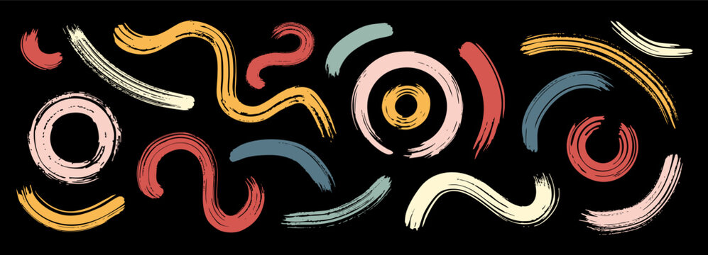 Paintbrush color pattern with arc stroke and abstract Japanese line set. Vector hand drawn smears with color circle and brushstroke ink marker. Paintbrush sketch with stripe wavy texture lines