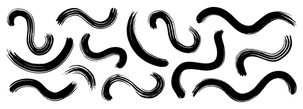 Paintbrush pattern with arc stroke and abstract Japanese line set. Vector hand drawn smears with black circle and brushstroke ink marker. Paintbrush sketch with stripe wavy texture lines