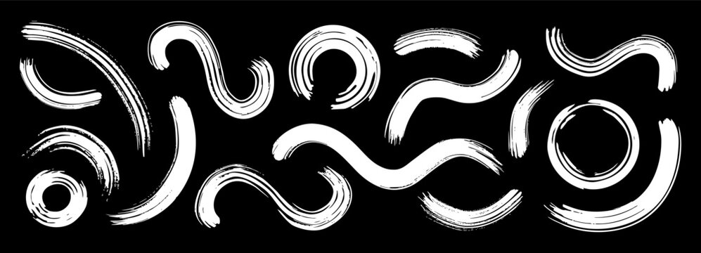 Paintbrush pattern with arc stroke with abstract Japanese line. Vector hand drawn smears with white circle and brushstroke ink marker. Paintbrush smear and texture stripe stroke