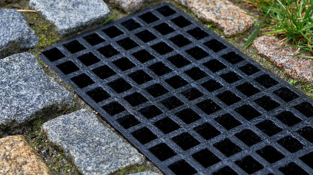 A black metal storm drain grate is embedded between old cobblestones and green grass. This urban infrastructure detail is perfect for municipal drainage and city maintenance.