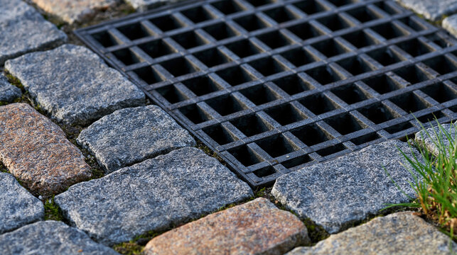 A close-up shot of a dark metal drainage grate set amidst textured grey cobblestones on a historic street. This urban architectural detail image is great for municipal.