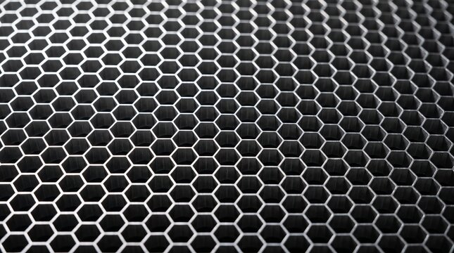 Close up of a metallic hexagonal grid pattern with a dark background and subtle lighting creating depth and shadow
