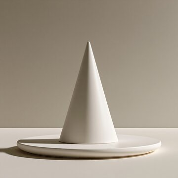 A minimalist white geometric cone shape resting on a circular base against a plain light beige background, for product, display or