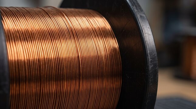 Close up of a large spool of shiny copper wire tightly wound on a black plastic reel in a workshop setting